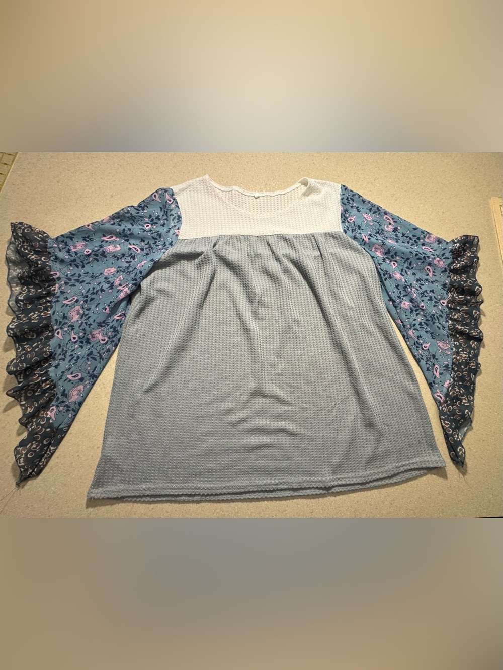 Waffle Knit Contrast Sleeve Top - Blue Floral